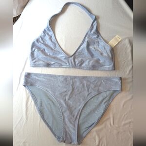 NWT Aerie Rib Shine Light Blue Halter Bikini Set Full Coverage Bottom Size XL